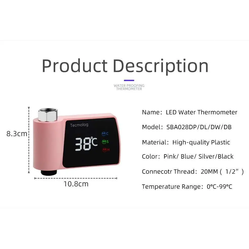 Digital plastic visual pink led water thermometer with rectangular display and silver connectors for consumption water monitoring