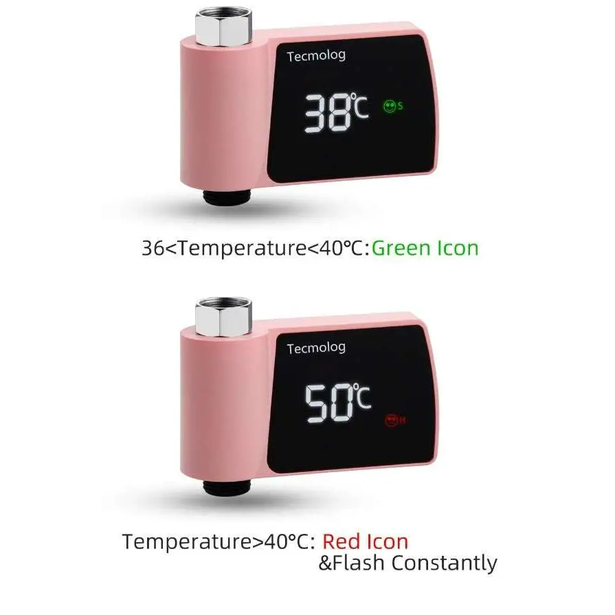 Digital plastic visual shower faucet water thermometer in pink with black display for consumption water monitoring