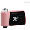 Digital plastic visual pink shower faucet thermometer with black display showing 38°c for consumption water monitoring