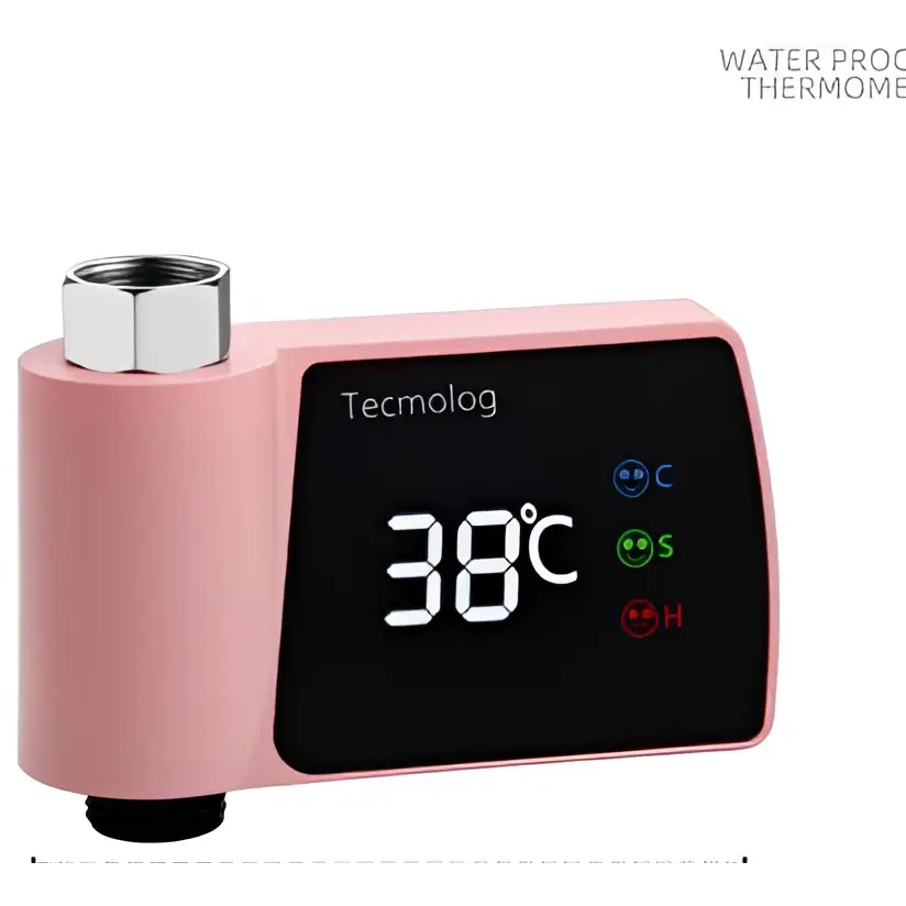 Digital plastic visual pink shower faucet thermometer with black display showing 38°c for consumption water monitoring