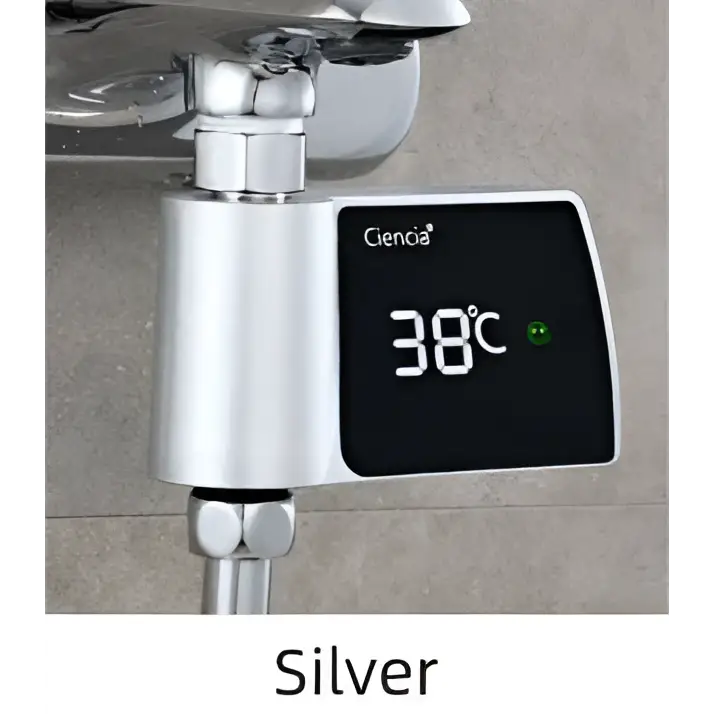 Silver-colored ciencia digital plastic visual shower faucet thermostat displaying 38°c for consumption water monitoring