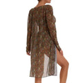 Sheer long-sleeved cover-up dress in earthy tones with digital printing pleated geometric pattern and side slit