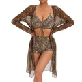 A sheer long-sleeved cover-up with a geometric pattern in earthy tones paired with a digital printing pleated tie bikini