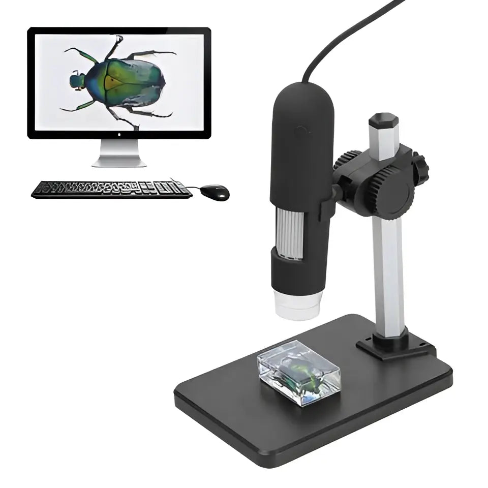 Black and silver digital usb microscope camera with adjustable arm and high capture resolution displaying insect specimen