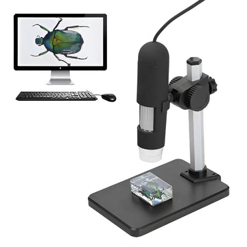 Black and silver digital usb microscope camera with adjustable arm and high capture resolution displaying insect specimen