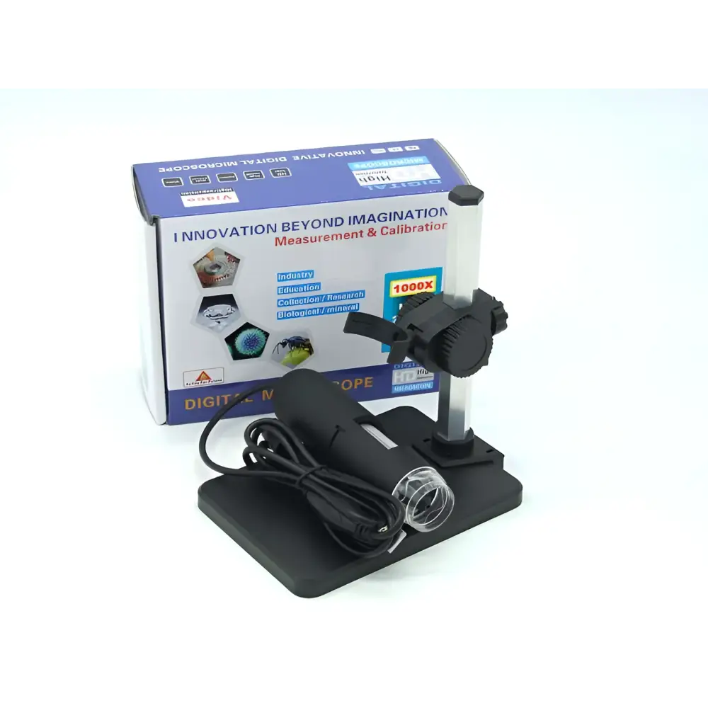 Black usb microscope camera with adjustable arm and 1000x capture resolution featuring sturdy stand and camera lens