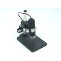 Black usb microscope camera with clear glass lens housing and adjustable metallic arm for capture resolution control