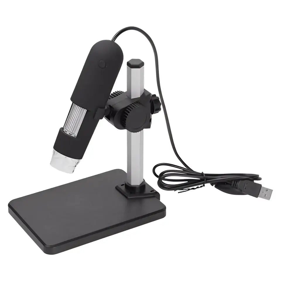 Black usb microscope camera with silver metal stand and adjustable arm for enhanced capture resolution and precision viewing