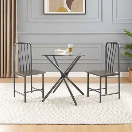 Dining Set For 2, Square Glass Tempered Dining Table With 4 Legs And 2 Metal Chair For Home Office Kitchen Dining Room, Black & Brown - Royalessencelux