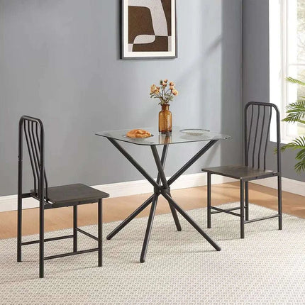 Dining Set For 2, Square Glass Tempered Dining Table With 4 Legs And 2 Metal Chair For Home Office Kitchen Dining Room, Black & Brown - Royalessencelux