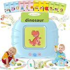 Light blue plastic dinosaur speech therapy toy with screen and colorful double-sided flashcards for autism sensory toys