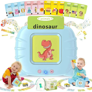 Light blue plastic dinosaur speech therapy toy with screen showing red t-rex and double-sided flashcards for autism sensory toys