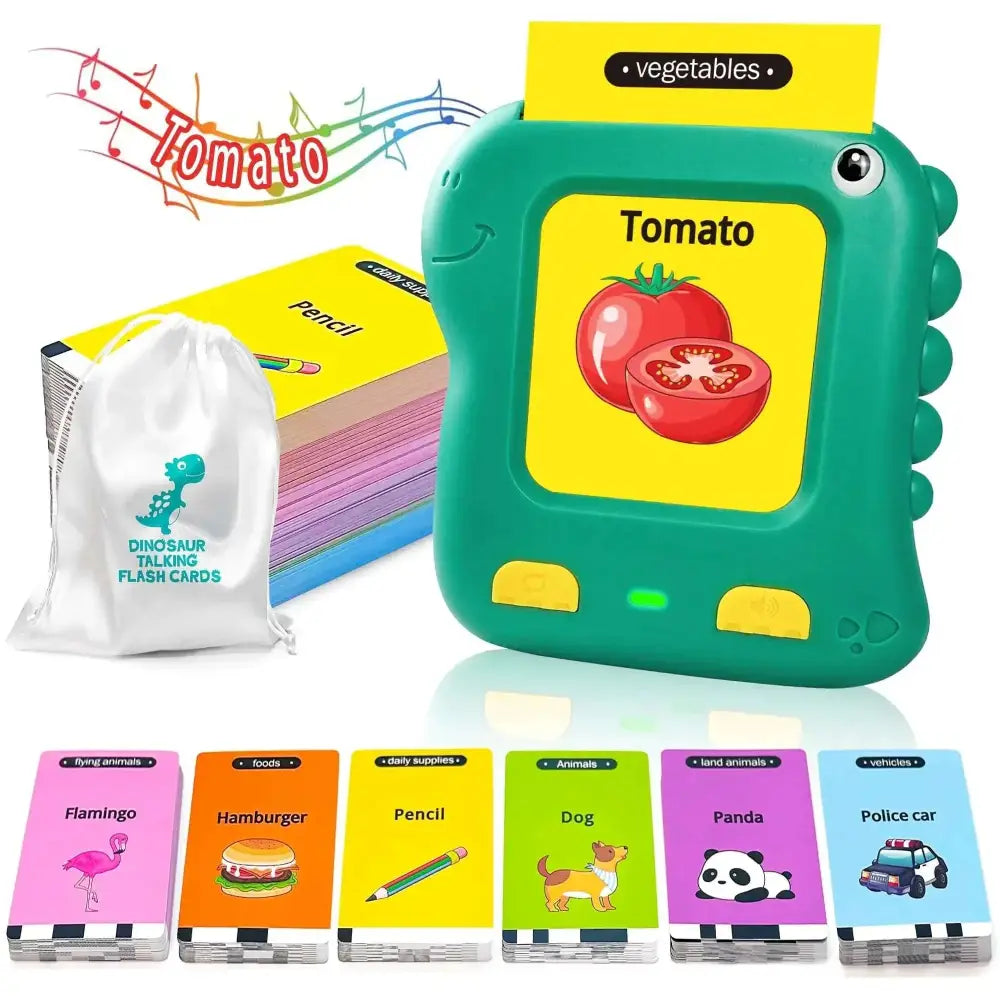 Green dinosaur-shaped talking flash cards with yellow screen displaying sight word tomato for speech therapy use