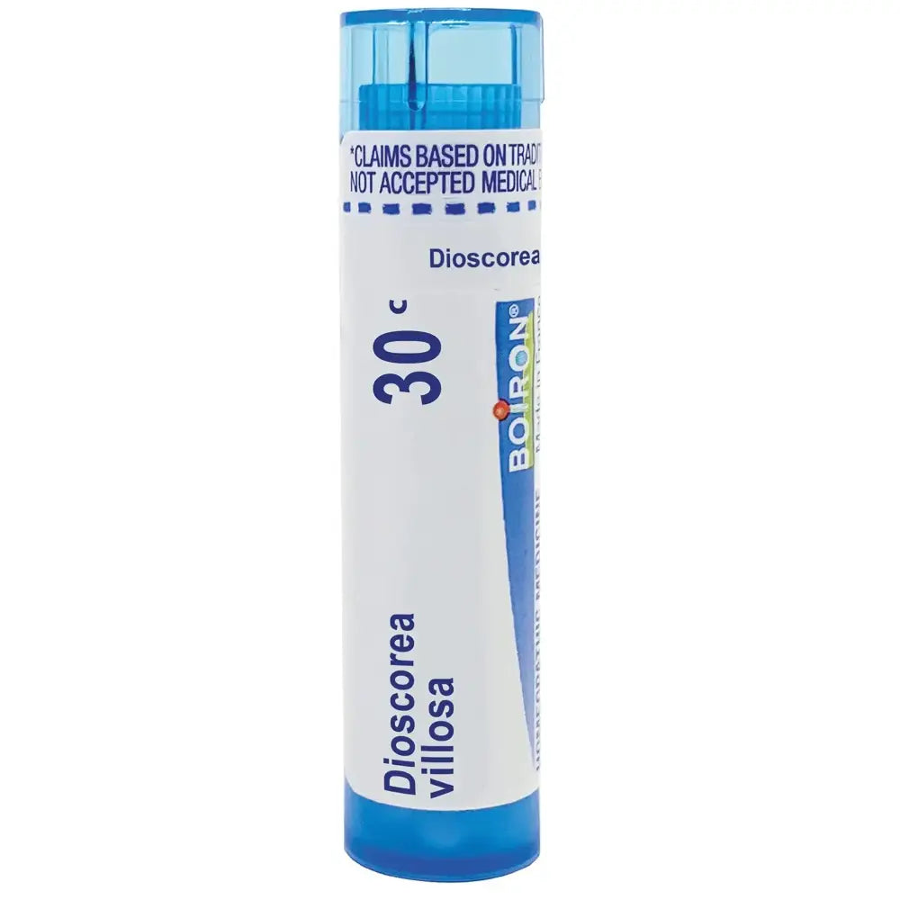 Blue-tinted plastic tube of boiron single medicines dioscorea villosa 30c homeopathic remedy for abdominal cramps