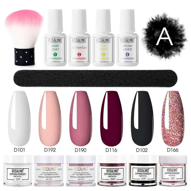 Rosalind dipping powder nail beauty set with five white plastic bottles and a black file for professional nail care
