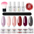 Rosalind dipping powder nail beauty set with six colored powders, four gel bottles including a white plastic bottle, brush, and file