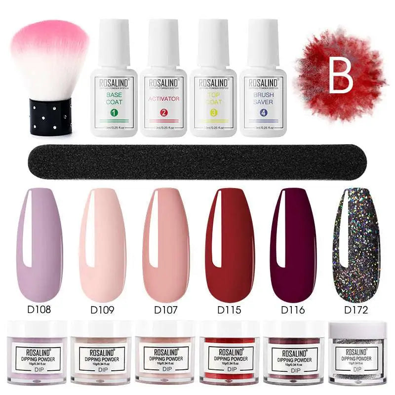 Rosalind dipping powder nail beauty set with six colored powders, four gel bottles including a white plastic bottle, brush, and file