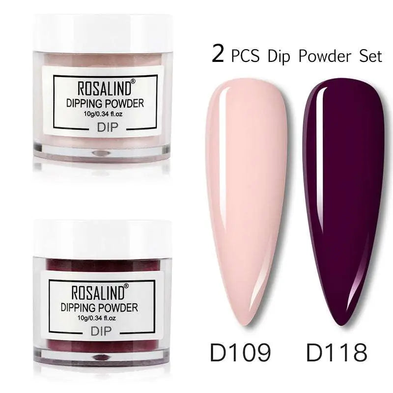 Rosalind dipping powder nail beauty set with two 10g jars of soft pink and deep purple pigment and a white plastic bottle