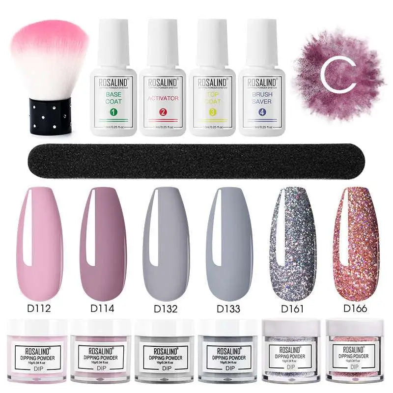 Rosalind dipping powder nail beauty set with five colored powders, four gel bottles, and white plastic bottle for professional use