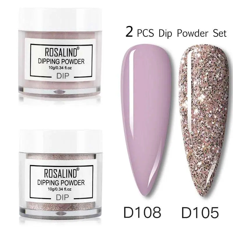 Rosalind dipping powder nail beauty set with two 10g jars in lavender and rose gold glitter and a white plastic bottle
