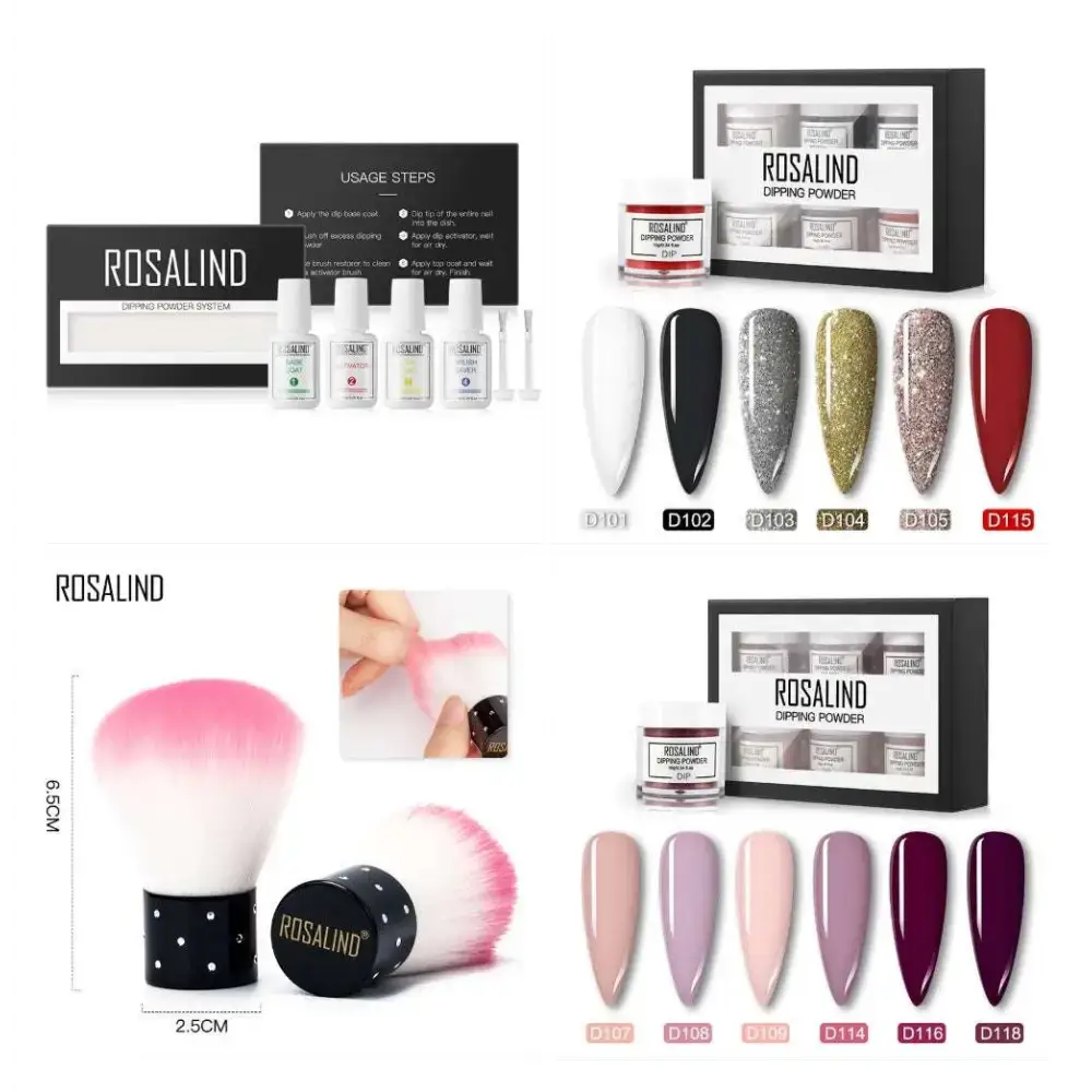 rosalind dipping powder nail art kit featuring glitter and matte finishes in assorted colors displayed alongside titanium steel jewelry in the royalessencelux collection highlights.