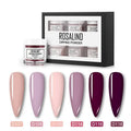Rosalind dipping powder nail beauty set with brush featuring six pastel and deep purple shades in white plastic bottles