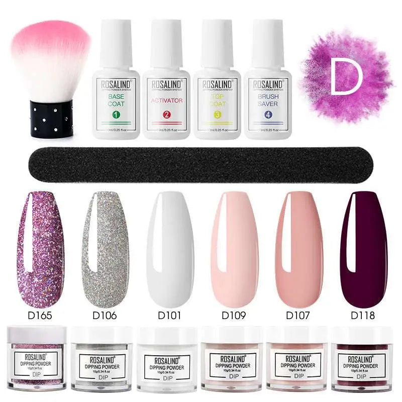 Rosalind dipping powder nail beauty set with glittery purple silver pink shades and white plastic bottle accessories