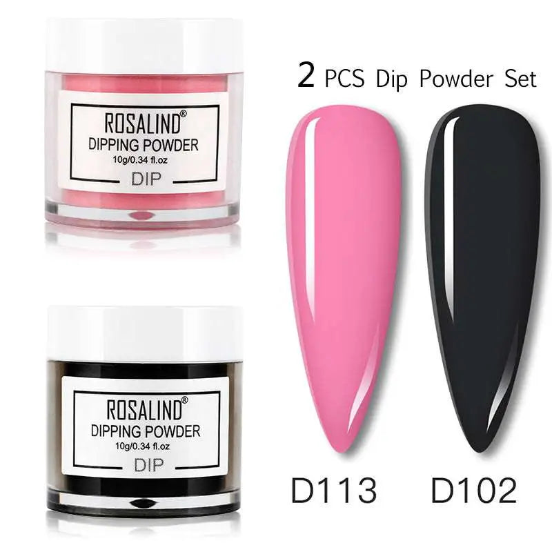 Rosalind dipping powder nail beauty set with pink and black dip powders in clear jars and a white plastic bottle with brush