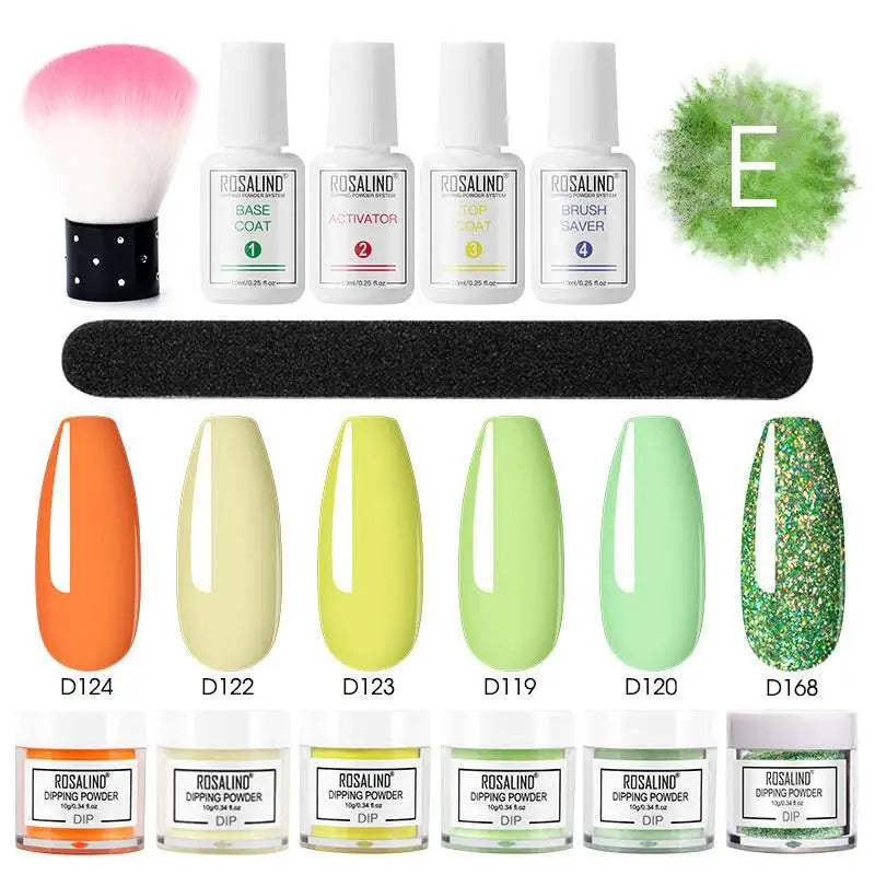 Rosalind dipping powder nail beauty set with brush featuring vibrant orange yellow green glittery shades in white plastic bottle