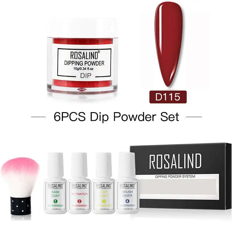 Rosalind dipping powder nail beauty set with red dip powder in clear jar and white plastic bottles for professional nail beauty