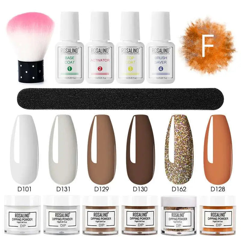 Rosalind dipping powder nail beauty set with four white plastic bottles, five color jars, black file, and pink brush