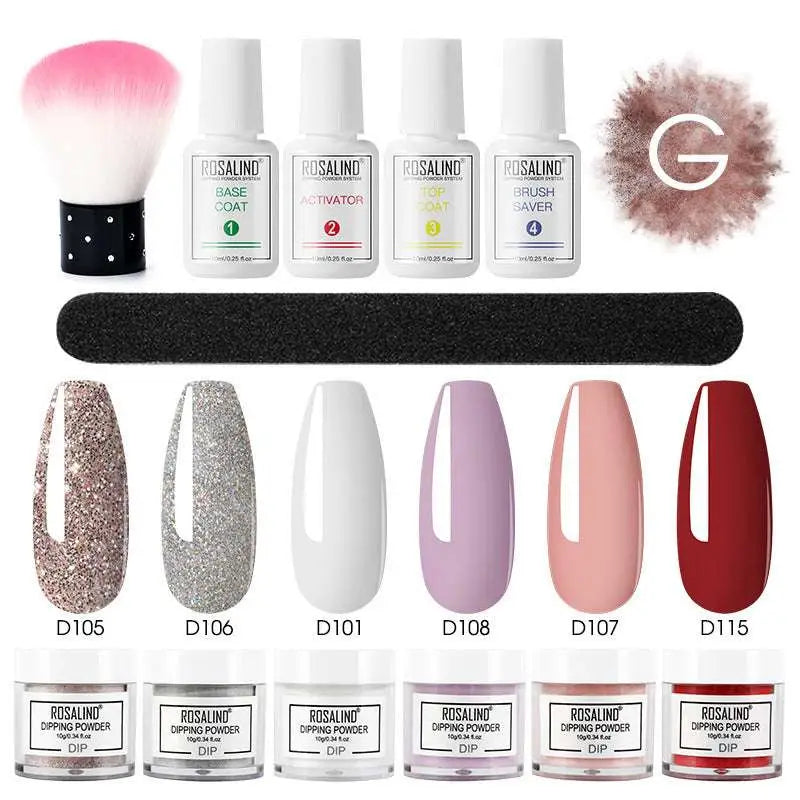 Rosalind dipping powder nail beauty set with glitter and solid powders includes white plastic bottle base coat activator and brush