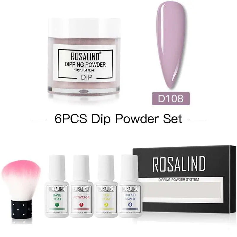 Rosalind dipping powder in a clear jar with white plastic bottle lid featuring soft lavender professional nail beauty set