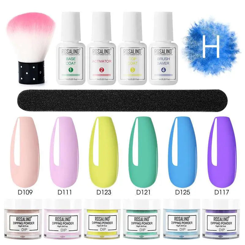 Rosalino professional nail beauty dipping powder set with five colorful gel polishes and white plastic bottle with brush