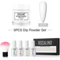 White rosalind dipping powder in clear jar with black label and four white plastic bottles for professional nail beauty set