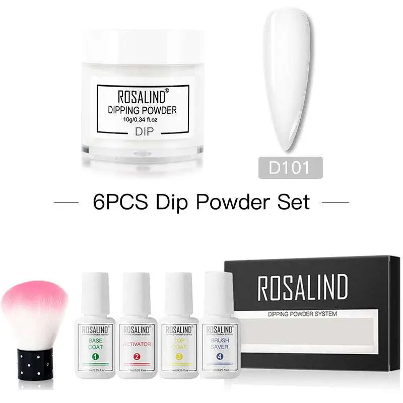 White rosalind dipping powder in clear jar with black label and four white plastic bottles for professional nail beauty set