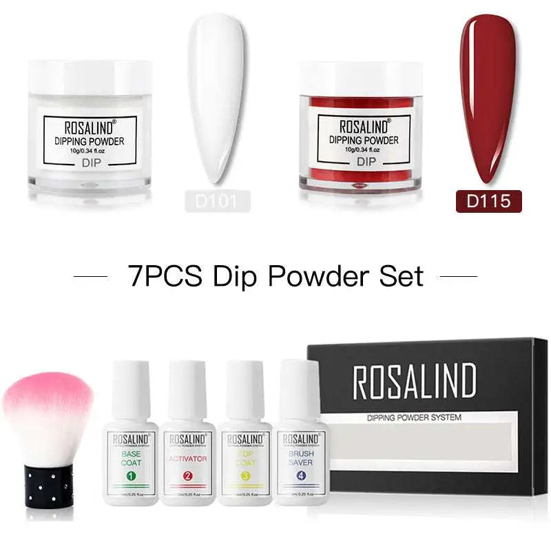 Rosalind dipping powder 7-piece nail beauty set with white and red powders and white plastic bottle for professional use