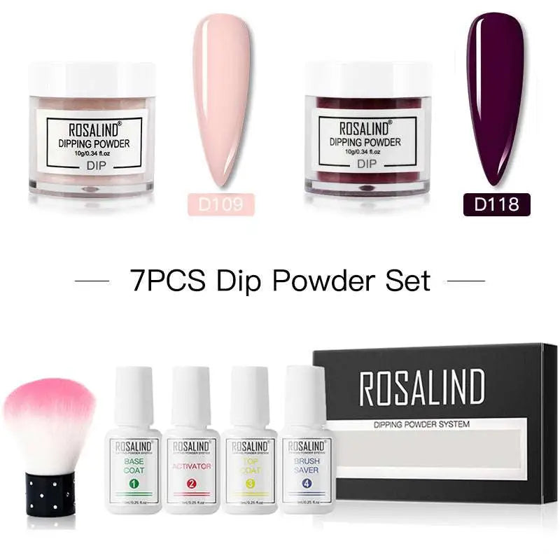 Rosalind dipping powder 7-piece nail beauty set with two colored powders in clear jars white plastic bottles and pink brush