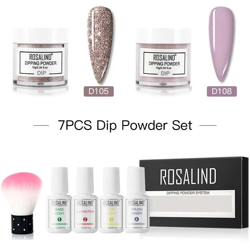 Rosalind dipping powder nail beauty set with glittery bronze and matte lavender powders and white plastic bottle liquids