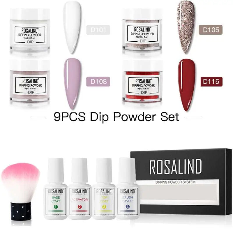 Rosalind dipping powder 9-piece nail beauty set with white plastic bottle features white lavender red and glittery finishes