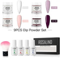 Rosalind dipping powder 9-piece nail beauty set includes four colored jars, white plastic bottle essentials, and a pink brush