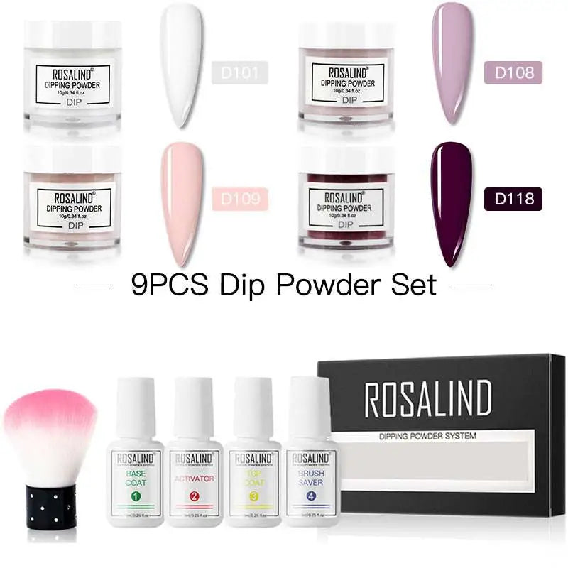 Rosalind dipping powder 9-piece nail beauty set includes four colored jars, white plastic bottle essentials, and a pink brush