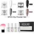 Rosalind dipping powder 9-piece nail beauty set with white plastic bottles featuring black silver glitter and rose gold powders