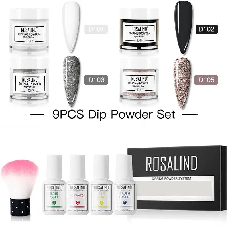 Rosalind dipping powder 9-piece nail beauty set with white plastic bottles featuring black silver glitter and rose gold powders