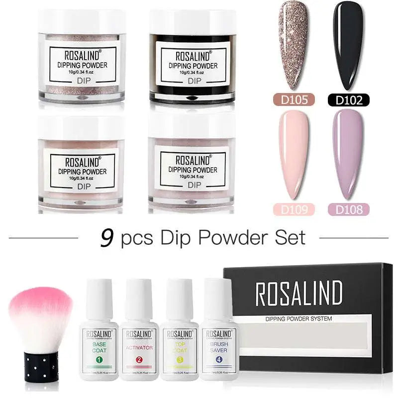 Rosalind dipping powder 9-piece nail beauty set with glitter powders, white plastic bottles, and professional brush