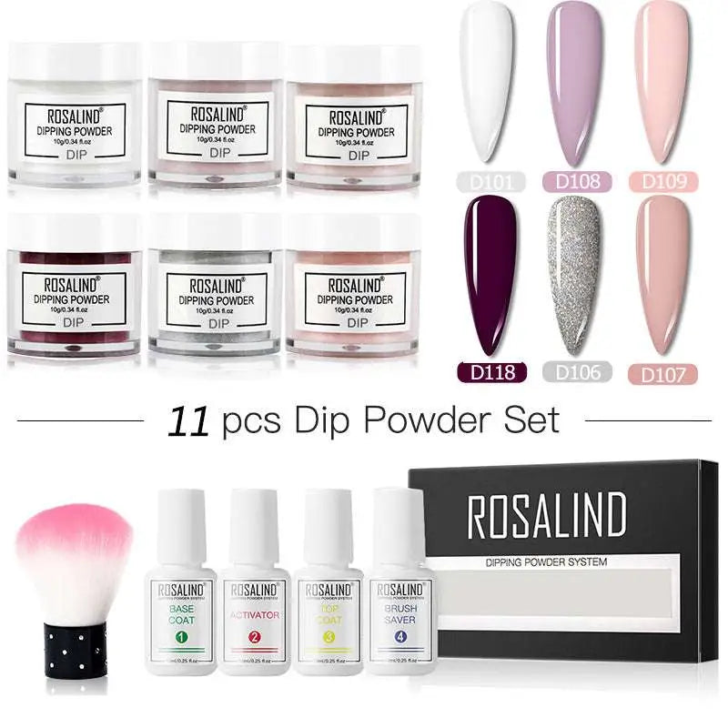 Rosalind dipping powder 11-piece nail beauty set with six colorful powders, white plastic bottles, and pink applicator brush