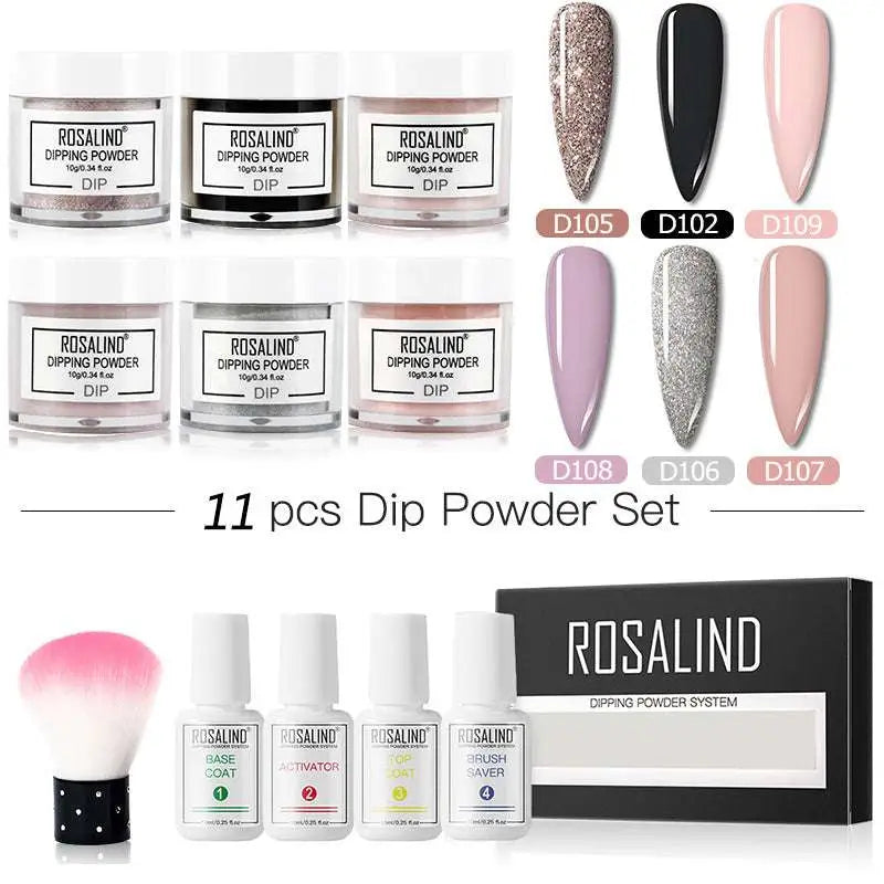 Rosalind dipping powder set with six colorful glitter and solid powders and four white plastic bottles for professional nail beauty