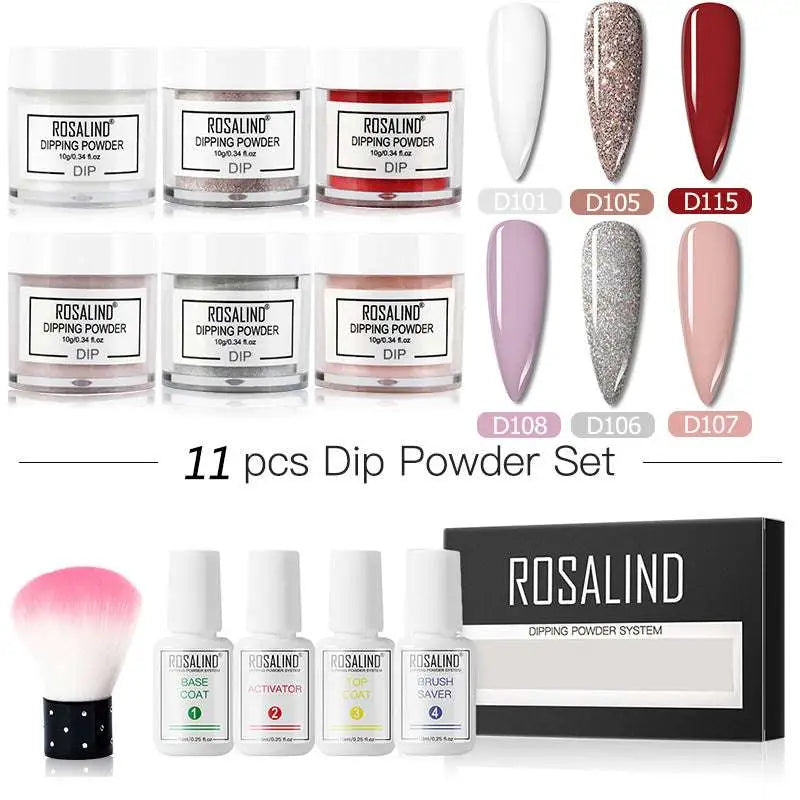 Rosalind dipping powder nail beauty set with 11 pieces including six translucent powders and white plastic bottles