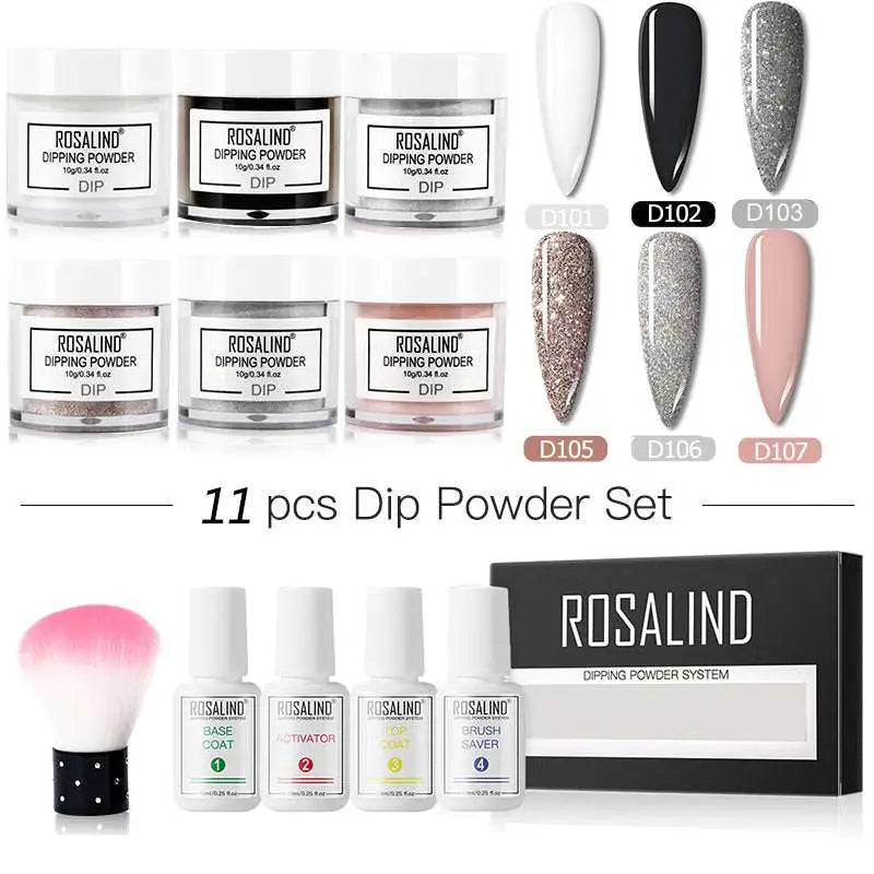 Rosalind dipping powder 11-piece nail beauty set with white black glitter silver rose gold nude powders and white plastic bottles