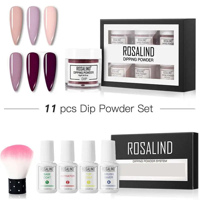 Rosalind dipping powder 11-piece nail beauty set with professional black and white packaging and white plastic bottle